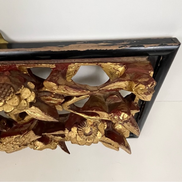 Asian Hand Carved Gilt Wooden Bird Floral Art Hanging 13” x 8” Wall Panel Decor - Picture 7 of 16